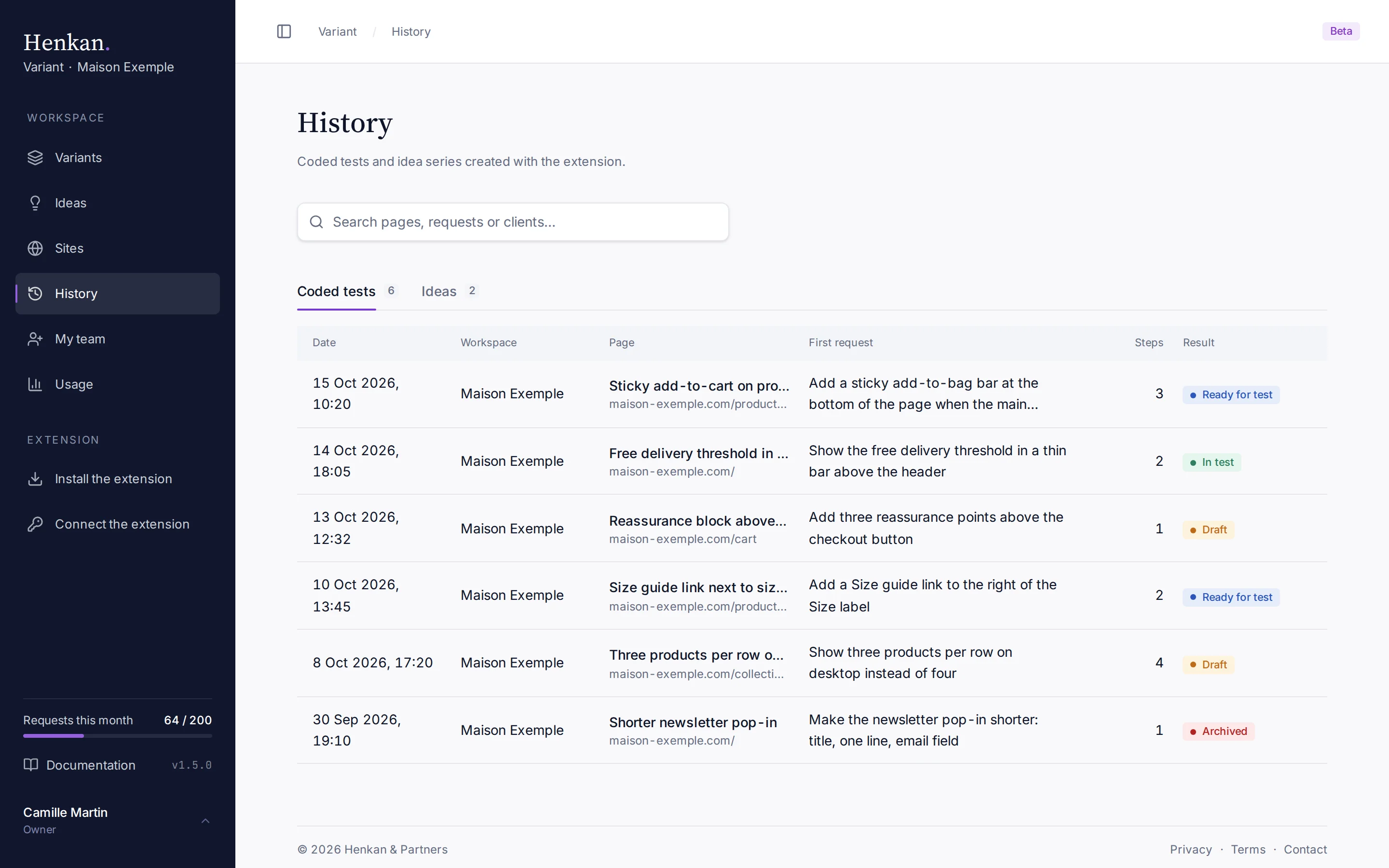 The Coded tests tab of History.