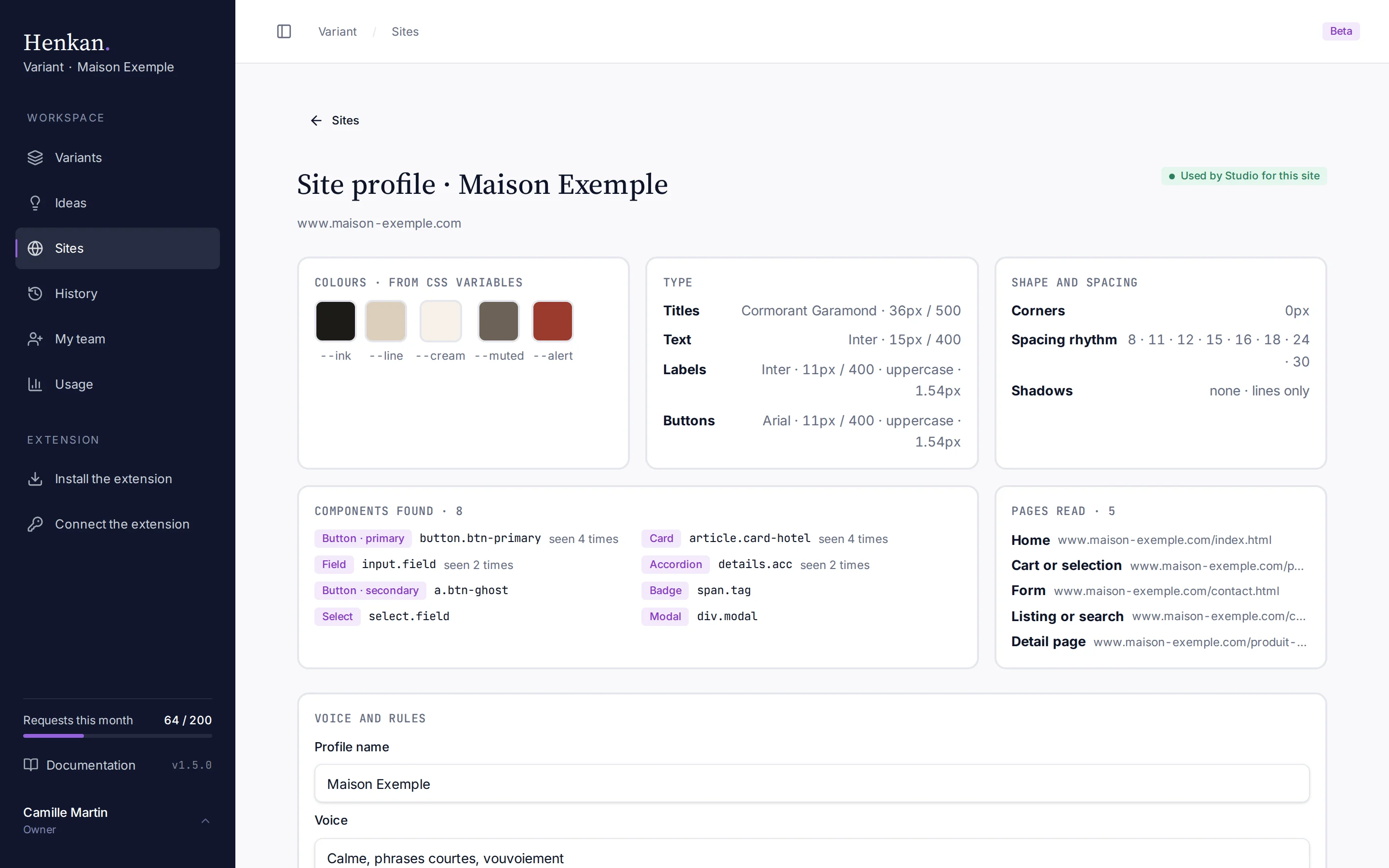 A site profile, with colours, type, shape and spacing, components found and pages read.