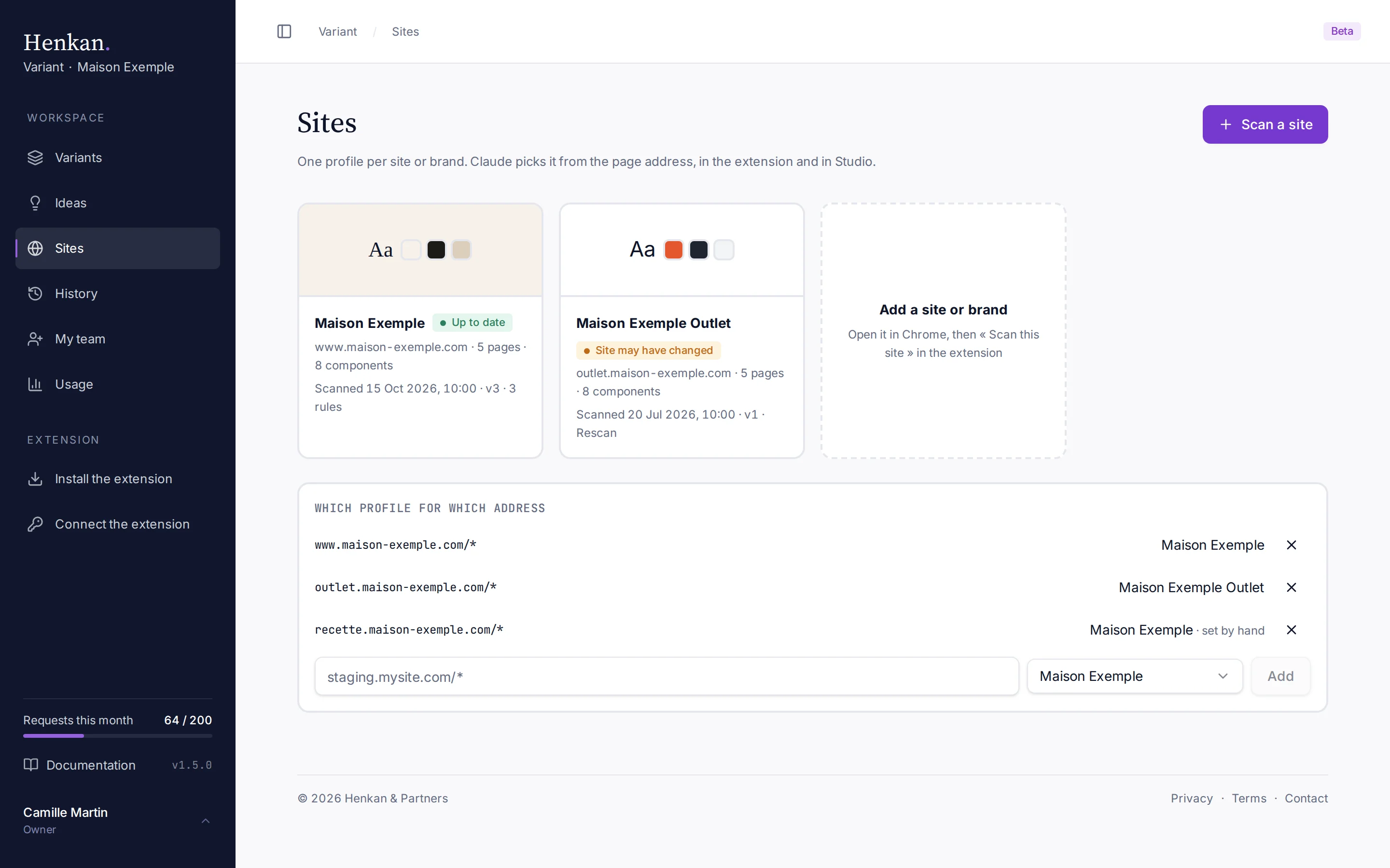 The Sites page with two profiles of the same company, and the addresses that decide which one a page uses.
