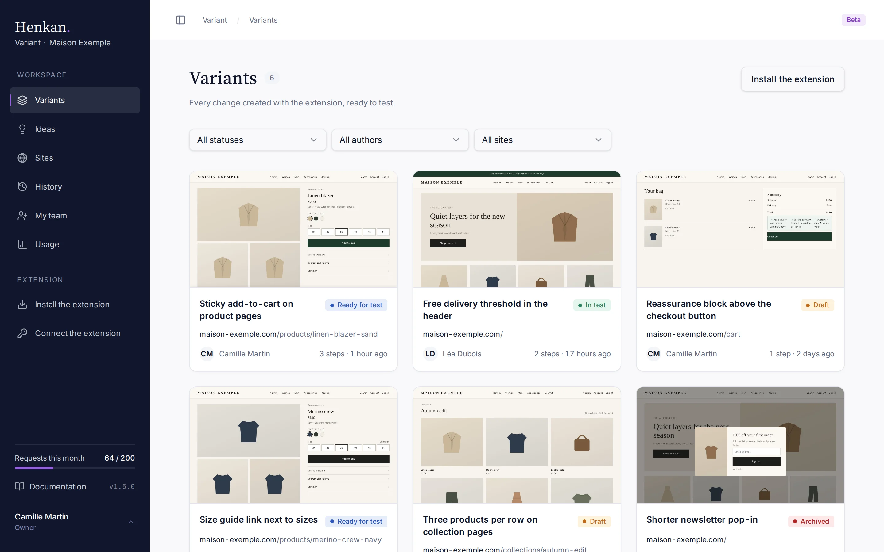 The Variants page with six sample variants.